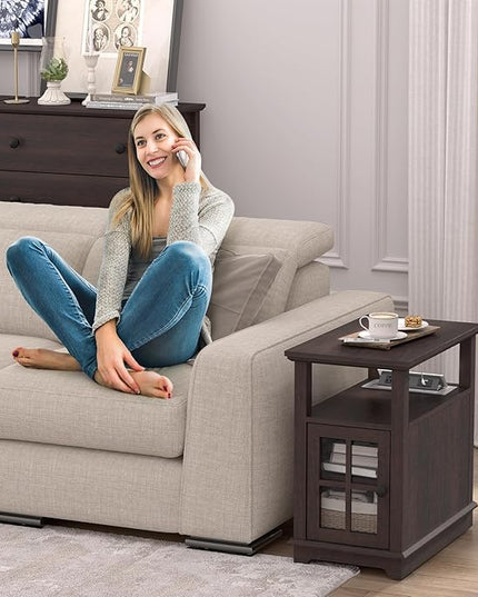 HIFYOBRO Narrow End Table with Flip Top Charging Station and Storage Cabinet, Type-C & USB port & Power outlets, Adjustable Shelf, Narrow Side Table with Storage for Living Room and Bedroom - LeafyLoom