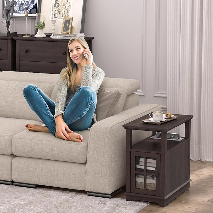 HIFYOBRO Narrow End Table with Flip Top Charging Station and Storage Cabinet, Type-C & USB port & Power outlets, Adjustable Shelf, Narrow Side Table with Storage for Living Room and Bedroom - LeafyLoom