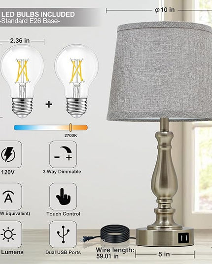 Nightstand Table Lamps for Bedroom Set of 2, Touch Bedside Lamps with Dual USB Ports, 3 Way Dimmable Bedroom Lamps for End Tables, Modern Night Stand Lamps for Living Room Guest Room - LeafyLoom
