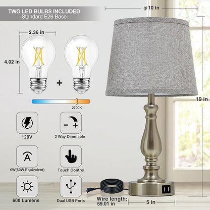 Nightstand Table Lamps for Bedroom Set of 2, Touch Bedside Lamps with Dual USB Ports, 3 Way Dimmable Bedroom Lamps for End Tables, Modern Night Stand Lamps for Living Room Guest Room - LeafyLoom