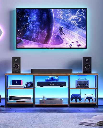 HOOBRO LED TV Stand for 65 Inch TVs with Charging Station, Gaming Entertainment Center with Open Storage, Media TV Console Table, TV Stand for Living Room, Bedroom, Rustic Brown and Black BF20UDDS01 - LeafyLoom