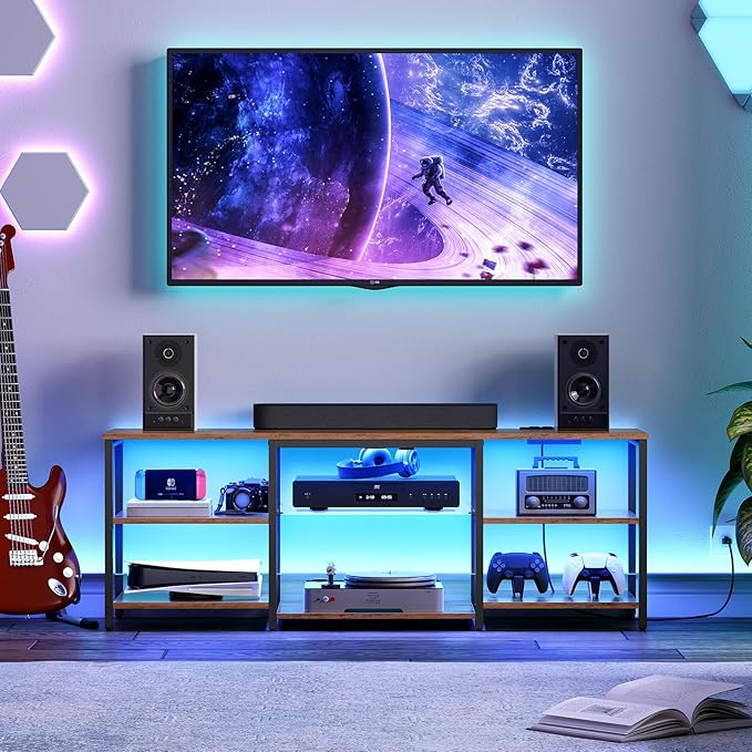 HOOBRO LED TV Stand for 65 Inch TVs with Charging Station, Gaming Entertainment Center with Open Storage, Media TV Console Table, TV Stand for Living Room, Bedroom, Rustic Brown and Black BF20UDDS01 - LeafyLoom