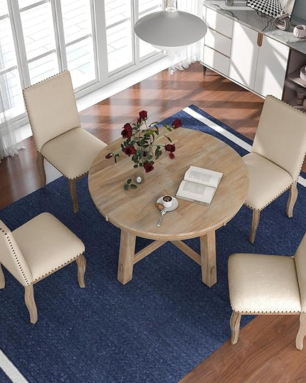 RITSU 5 Piece Farmhouse Round Retractable Table Set with 4 Upholstered Dining Chairs, Copper Ingot Trim, MDF and Smooth Material for Living Room, Apartment, Natural Wood Wash, 58inch - LeafyLoom