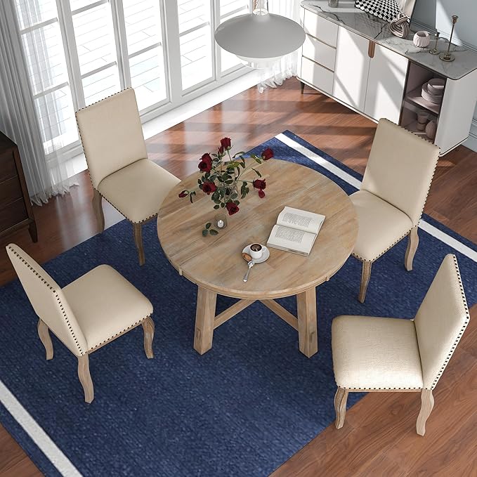 RITSU 5 Piece Farmhouse Round Retractable Table Set with 4 Upholstered Dining Chairs, Copper Ingot Trim, MDF and Smooth Material for Living Room, Apartment, Natural Wood Wash, 58inch - LeafyLoom