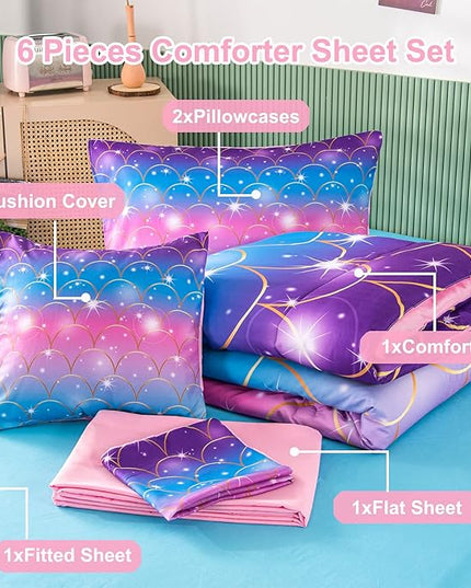 PERFEMET 6Pcs Mermaid Scale Comforter Sets Twin Size, 3D Pink Glitter Bed in A Bag for Teens Girls, Colorful Rainbow Bedding Comforter with Sheets Set, Ultra Soft Sparkly Galaxy Quilted Duvet - LeafyLoom