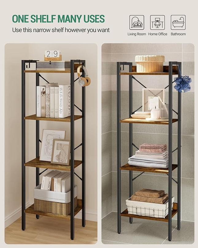 Bookshelf, Book Shelf, Industrial Bookcase with 2 Hooks, Coner Shelf Storage Organizer for Home Office, Living Room, Bedroom, Kitchen, 4-Tier Rustic Brown BC10401B - LeafyLoom