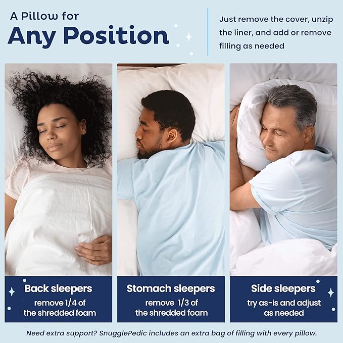 Snuggle-Pedic Adjustable Cooling Pillow - Shredded Memory Foam Pillows for Side, Stomach & Back Sleepers - Fluffy or Firm - Keeps Shape - College Dorm Room Essentials for Girls and Guys - King - LeafyLoom