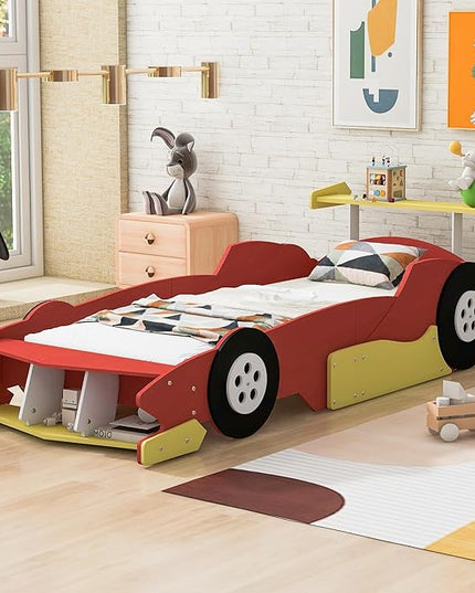 Twin Size Racecar Bed for Big Boys,Wood Platform Bedframe with Wheels & Safety Guardrail,Slats Support,Easy Assembly,Toddlers Kids Car Floor Beds for Fun Children's Bedroom,Red - LeafyLoom