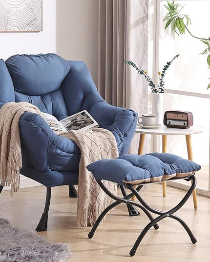 Welnow Lazy Chair with Ottoman, Modern Lounge Accent Chair with Armrests and a Side Pocket, Leisure Sofa Chair Set, Reading Chair with Footrest for Small Space, Corner Chair, Royal Blue - LeafyLoom