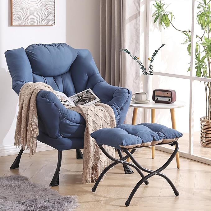 Welnow Lazy Chair with Ottoman, Modern Lounge Accent Chair with Armrests and a Side Pocket, Leisure Sofa Chair Set, Reading Chair with Footrest for Small Space, Corner Chair, Royal Blue - LeafyLoom