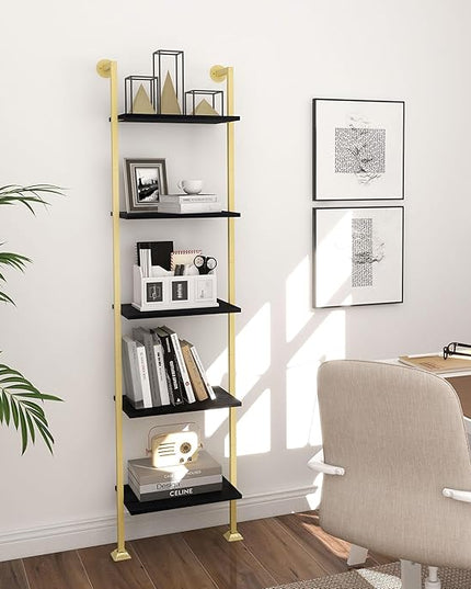Axeman 5-Tier Ladder Bookcase, Tall Narrow Bookshelf for Small Spaces, Modern Book Storage Organizer Case Open Shelves for Bedroom, Living Room, Office, Library, Gold Metal Frame and Blakc Shelf - LeafyLoom