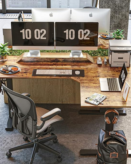 FEZIBO Triple Motor 63" L Shaped Standing Desk, Electric Standing Gaming Desk Adjustable Height, Corner Stand up Desk with Splice Board, Black Frame/Rustic Brown Top - LeafyLoom