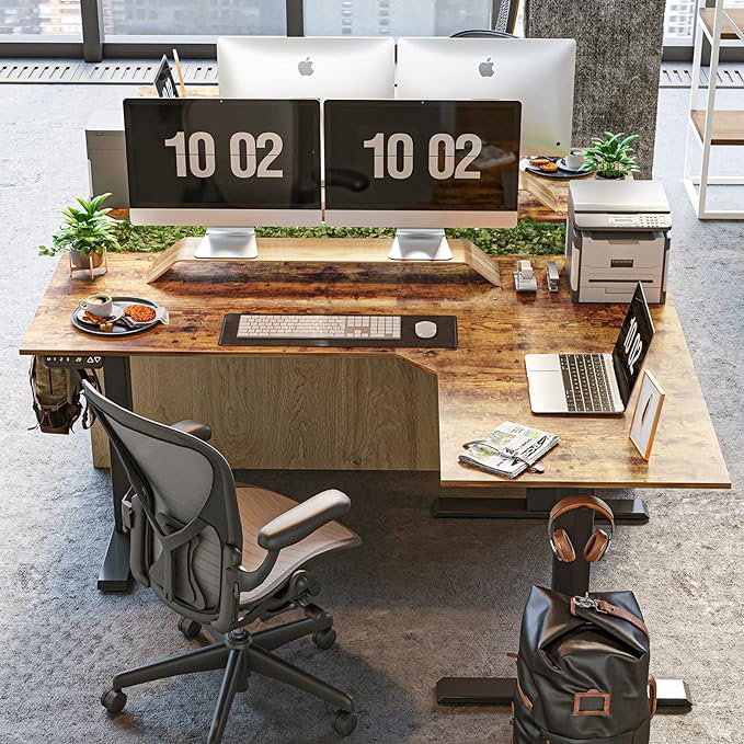 FEZIBO Triple Motor 63" L Shaped Standing Desk, Electric Standing Gaming Desk Adjustable Height, Corner Stand up Desk with Splice Board, Black Frame/Rustic Brown Top - LeafyLoom