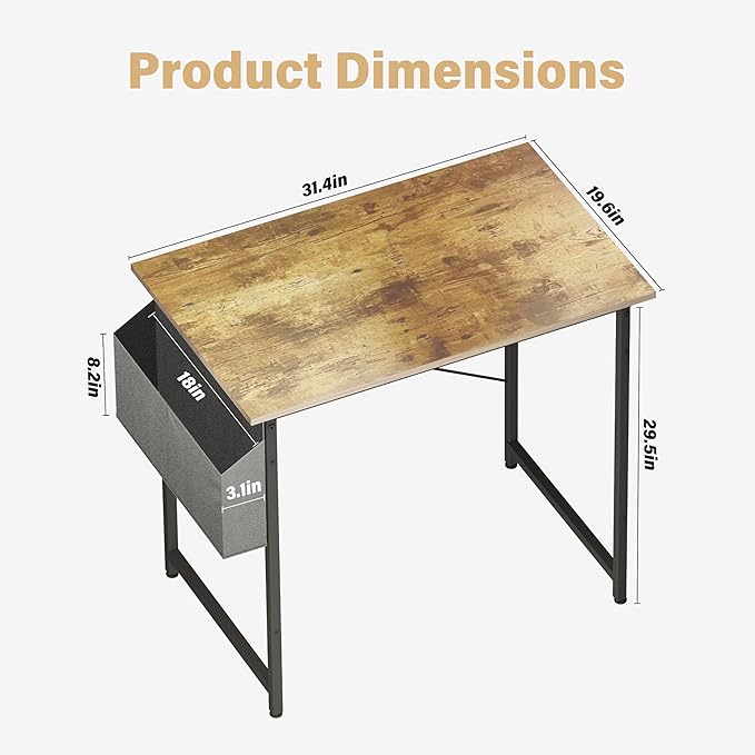 HealSmart Writing Study Worktable for Bedroom Small Desk, Modern Simple Style PC Table with Storage Bag, 32 Inch, Brown-New Version - LeafyLoom