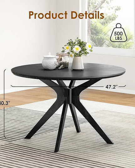 Soohow 47.2'' Solid Wood Round Dining Table for 4-6 People,Kitchen Table Round Wood Dining Table with Intersecting Pedestal Base,Black - LeafyLoom