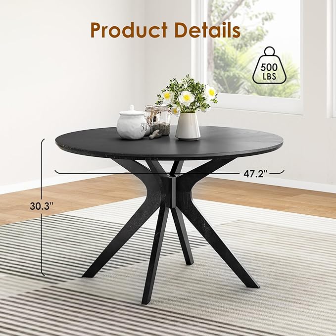 Soohow 47.2'' Solid Wood Round Dining Table for 4-6 People,Kitchen Table Round Wood Dining Table with Intersecting Pedestal Base,Black - LeafyLoom