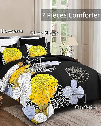 7 Pieces King Yellow Black Comforter Set Bed in a Bag Floral Bedding Set Soft Microfiber Comforter (1 Comforter 1 Flat Sheet 1 Fitted Sheet 2 Pillowshams 2 Pillowcases) - LeafyLoom