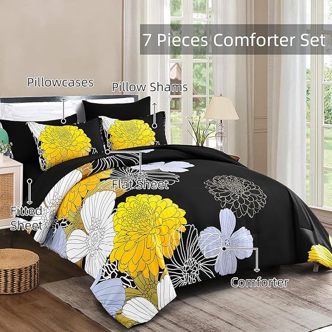 Bed in a Bag Queen Yellow Black Comforter Set 7 Pieces Soft Microfiber Floral Bedding Set with 1 Comforter 1 Flat Sheet 1 Fitted Sheet 2 Pillowshams 2 Pillowcases - LeafyLoom