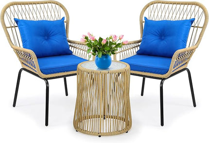 YITAHOME 3-Piece Outdoor Patio Furniture Wicker Bistro Set, All-Weather Rattan Conversation Chairs for Backyard, Balcony and Deck with Soft Cushions, Glass Side Table (Light Brown+Navy Blue) - LeafyLoom