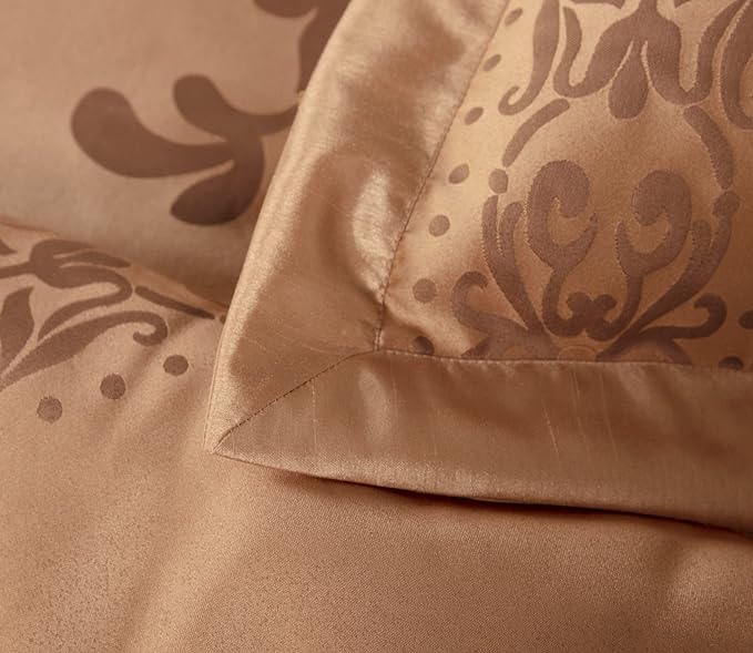 Chezmoi Collection 7-Piece Jacquard Floral Comforter Set (Queen, Copper/Gold) - LeafyLoom