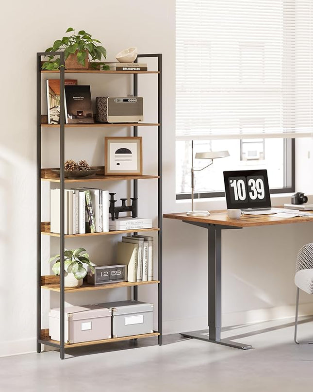 6-Tier Bookshelf, Large Bookcase with Open Shelves, Tall Book Shelf Coner Shelf for Living Room, Bedroom, Home Office, Study, Bathroom,11.5 x 29.9 x 72.6 Inches, Rustic Brown and Black - LeafyLoom