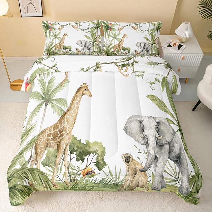 Elephant Giraffe Monkeys Comforter King Size,Wild Animals Kids Comforter Set,3Pcs Bedding Set Printed Comforter with 2 Pillowcases,Down Alternative,Soft and Lightweight,for All Seasons - LeafyLoom