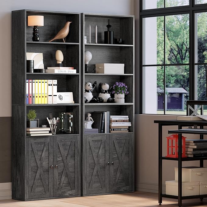 IRONCK Industrial Bookshelves and Bookcases with Doors Floor Standing 6 Shelf Display Storage Shelves 70 in Tall Bookcase for Home Office, Living Room - LeafyLoom