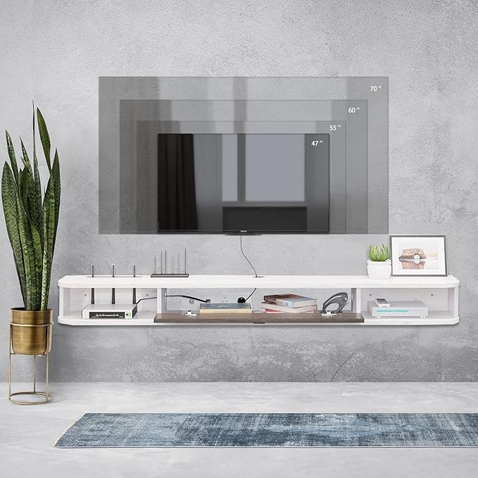 Pmnianhua Floating TV Console,63'' Wall-Mounted Media Console TV Cabinet Floating TV Stand Entertainment Shelf with Door and Storage (Grey White) - LeafyLoom