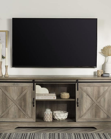 Walker Edison Corbin Modern Farmhouse Sliding X Barn Door TV Stand for TVs up to 80 Inches, 70 Inch, Grey Wash - LeafyLoom