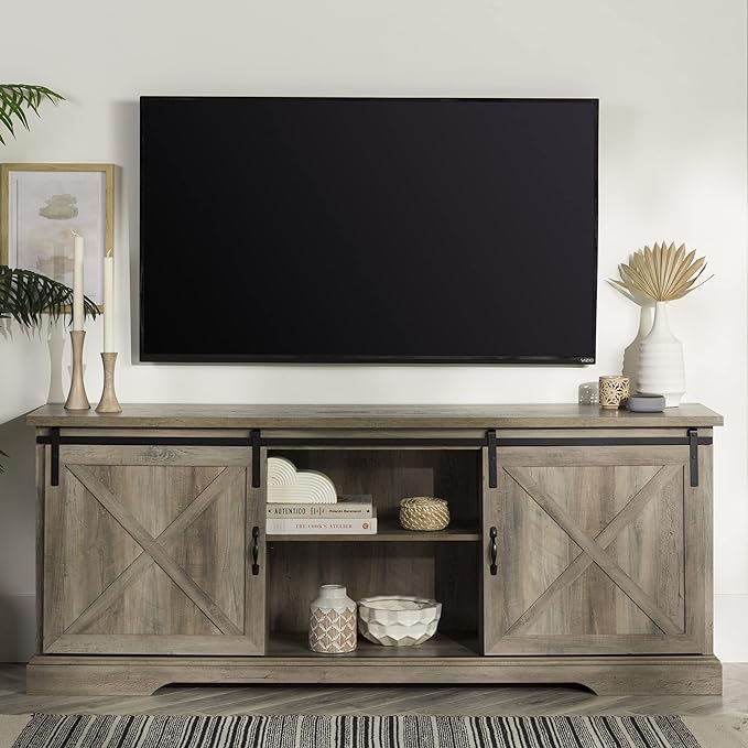 Walker Edison Corbin Modern Farmhouse Sliding X Barn Door TV Stand for TVs up to 80 Inches, 70 Inch, Grey Wash - LeafyLoom