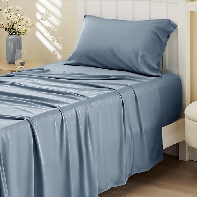 Bedsure Twin Sheets Set, Cooling Sheets Twin Size Bed Set, Rayon Derived from Bamboo, Twin Size Sheets, Breathable & Soft Bed Sheets, Hotel Luxury Silky Bedding Sheets & Pillowcases, Mineral Blue - LeafyLoom