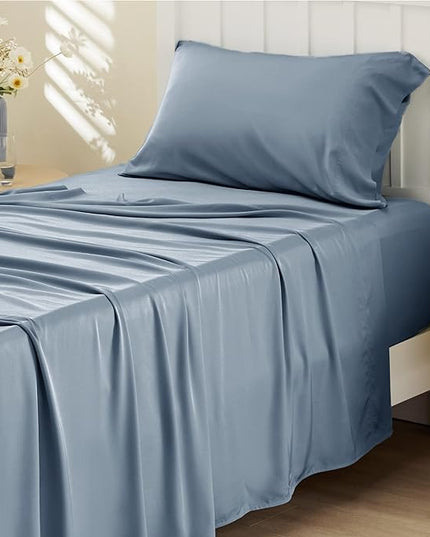 Bedsure Twin XL Sheet Set Dorm Bedding, Cooling Sheets Twin Extra Long Sheets, Rayon Derived from Bamboo, Deep Pocket Up to 16", Hotel Luxury Silky Bedding Sheets & Pillowcases, Mineral Blue - LeafyLoom