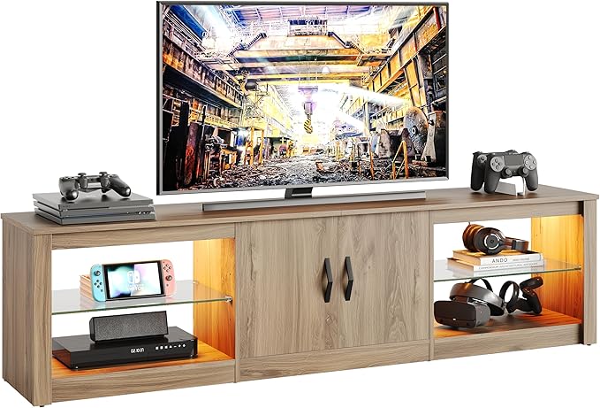 Bestier 70 inch Gaming Entertainment Center with Adjustable Glass Shelves for 75 inch TV, Large Led TV Stand with Two Cabinets, Modern Television Stand for Living Room, Bedroom, Pinewood - LeafyLoom