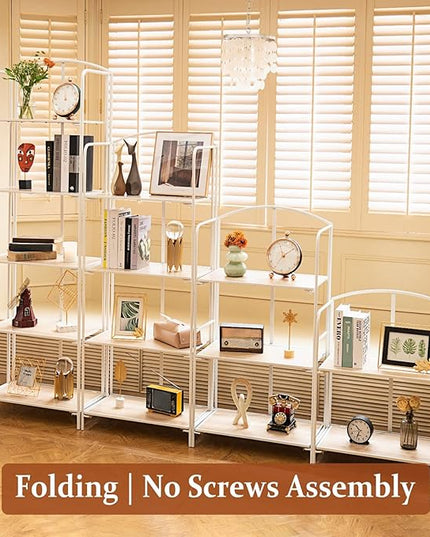 No Assembly Folding Bookshelf for Living Room, 2 Tier White Collapsible Book Shelf for Home Office, Portable Bookcase Storage Organizer - LeafyLoom