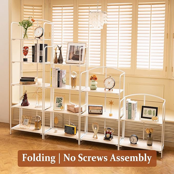 No Assembly Folding Bookshelf, 4 Tier White Bookshelf, Metal Book Shelf for Storage, Folding Bookcase for Office Organization and Storage, 12.6" D x 22.44" W x 55.51" H - LeafyLoom