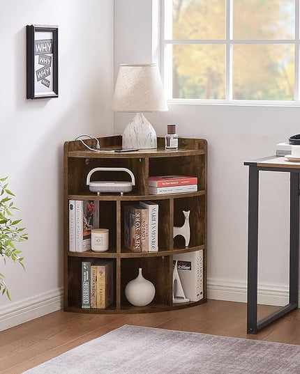 Vecelo Corner Cabinet with Charging Station, 3-Tier Cube Storage Organizer with USB Ports and Outlets, Triangle Bookcases with 8 Cubbies for Playroom, Bedroom, Living Room, Brown - LeafyLoom
