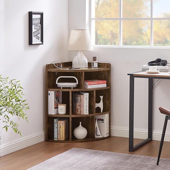 Vecelo Corner Cabinet with Charging Station, 3-Tier Cube Storage Organizer with USB Ports and Outlets, Triangle Bookcases with 8 Cubbies for Playroom, Bedroom, Living Room, Brown - LeafyLoom