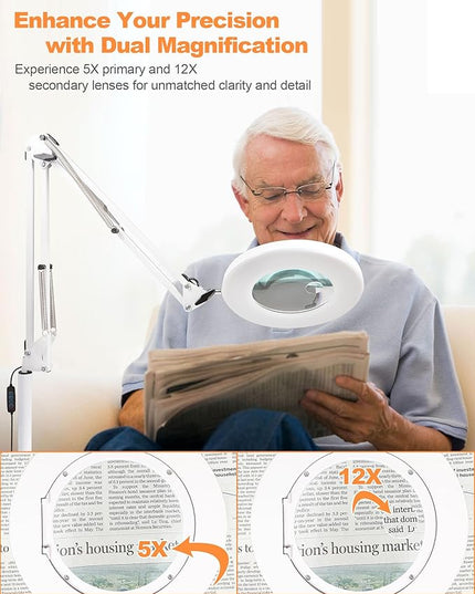 Magnifying Glass with Light Floor Lamp 5X & 12X Zoom Adjustable LED Floor Magnifier Light with 3-Color 10-Brightness, Dust Cover for Reading, Crafts & More Gift Ideal for Father Mother Old - LeafyLoom