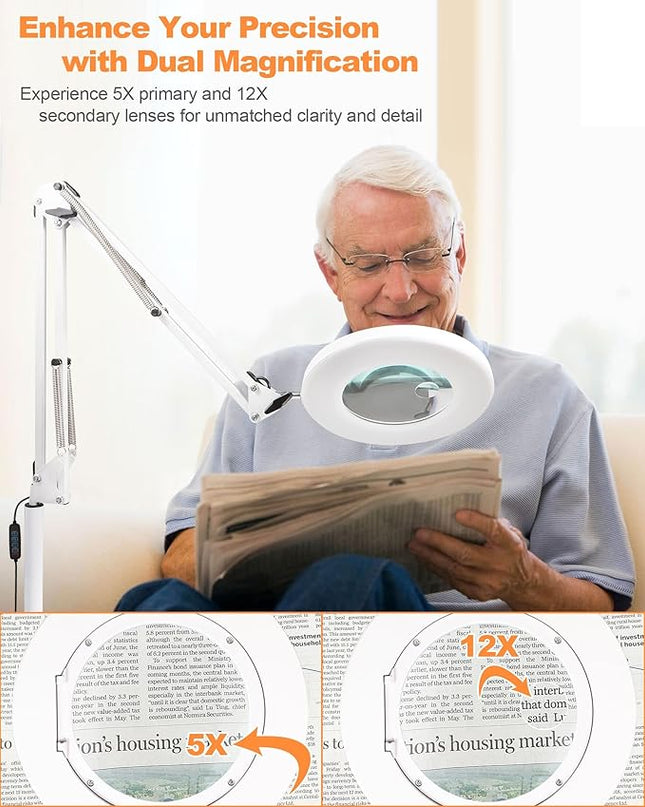 Magnifying Glass with Light Floor Lamp 5X & 12X Zoom Adjustable LED Floor Magnifier Light with 3-Color 10-Brightness, Dust Cover for Reading, Crafts & More Gift Ideal for Father Mother Old - LeafyLoom
