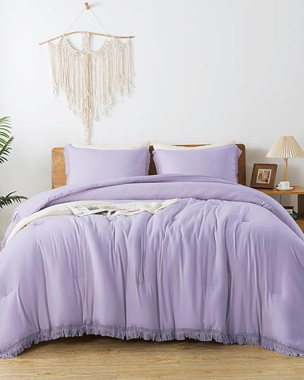 Andency Queen Comforter Set Lavender, Purple 3 Pieces Boho Tassel Lightweight Bedding Comforter Sets, Winter Soft Fluffy Fringe Bed Set (90x90In Comforter & 2 Pillowcases) - LeafyLoom
