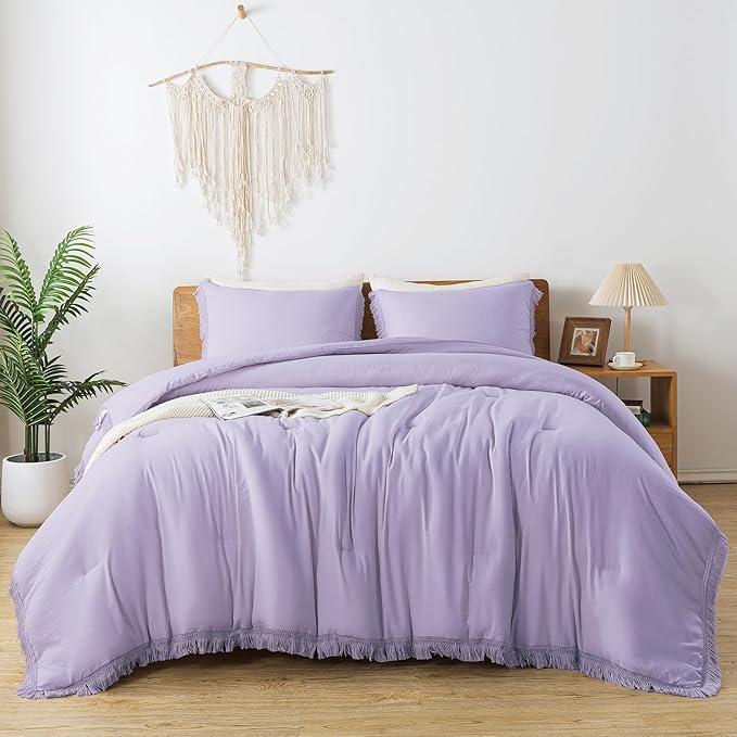 Andency California King Comforter Set Lavender - Purple 3 Pieces Cal King Boho Lightweight Bedding Comforter Sets, Oversized All Season Tassel Soft Fluffy Bed Set (104x96In Comforter & 2 Pillowcases) - LeafyLoom