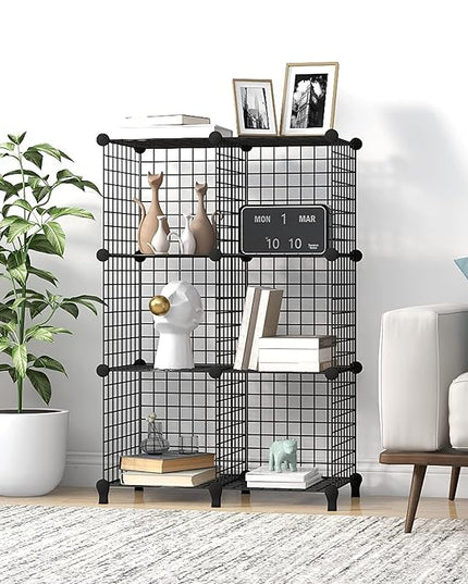 Wolizom Wire Cube Storage, Metal Grids Shelves Bookshelf, Stackable Modular Shelving Organizer, DIY Closet Bookcase Bookshelf, Grid Storage Shelf for Bedroom, Living Room, Office (Black, 6 Cube) - LeafyLoom