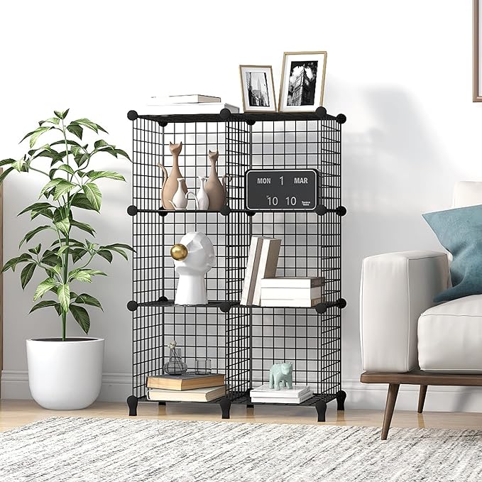 Wolizom Wire Cube Storage, Metal Grids Shelves Bookshelf, Stackable Modular Shelving Organizer, DIY Closet Bookcase Bookshelf, Grid Storage Shelf for Bedroom, Living Room, Office (Black, 6 Cube) - LeafyLoom