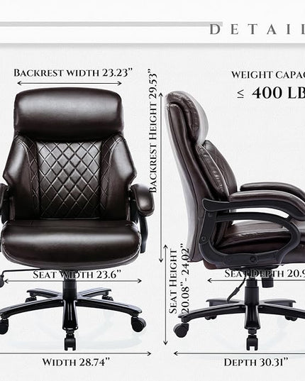 Big and Tall Office Chair 400lbs-Heavy Duty Executive Desk Chair with Extra Wide Seat, High Back Ergonomic Leather Computer Chair with Tilt Rock&Tension, Padded Armrests-Diamond Brown - LeafyLoom