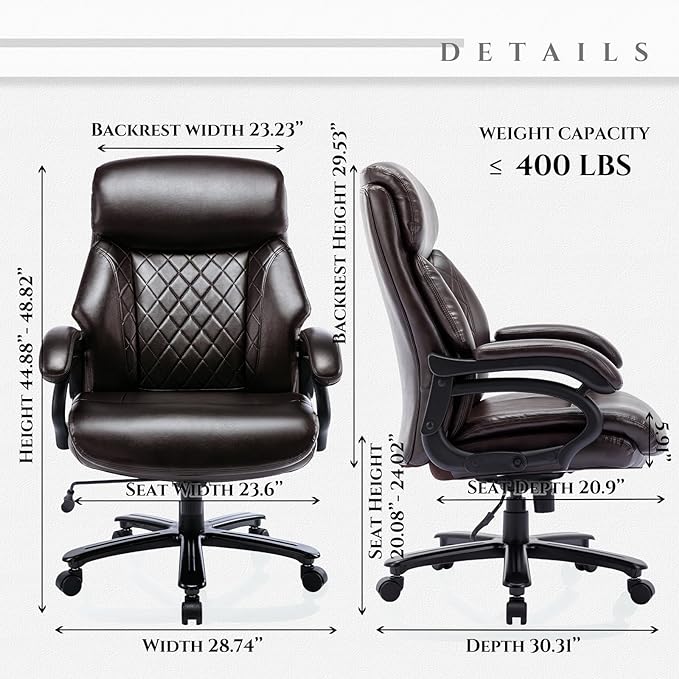 Big and Tall Office Chair 400lbs-Heavy Duty Executive Desk Chair with Extra Wide Seat, High Back Ergonomic Leather Computer Chair with Tilt Rock&Tension, Padded Armrests-Diamond Brown - LeafyLoom
