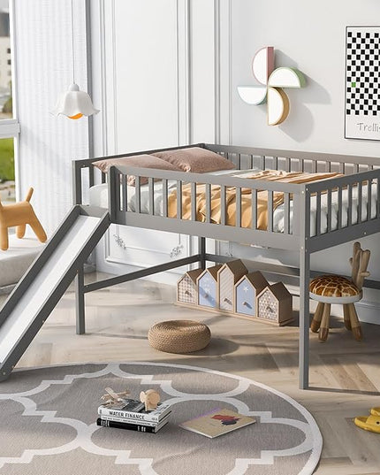 Merax Full Size Wood Low Loft Bed Frame with Slide for Kids Girls Boys,Full Length Guardrails, Gray - LeafyLoom