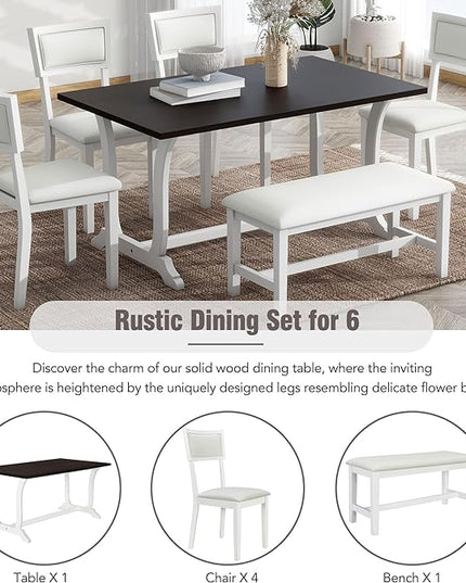 Farmhouse Style Trestle Upholstered 4 Chairs and Bench, Rubber Wood w/Flower Buds Shaped Legs Room, Kitchen, 6 Piece Dining Table Set, White 30 - LeafyLoom