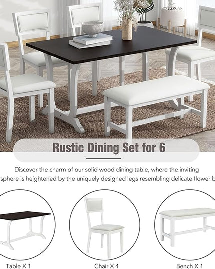 Dining Table Set for 6, Farmhouse 6-Piece Trestle Dining Room Table Set with Upholstered Dining Chairs and Bench, Kitchen Table Set for Dining Room, White - LeafyLoom