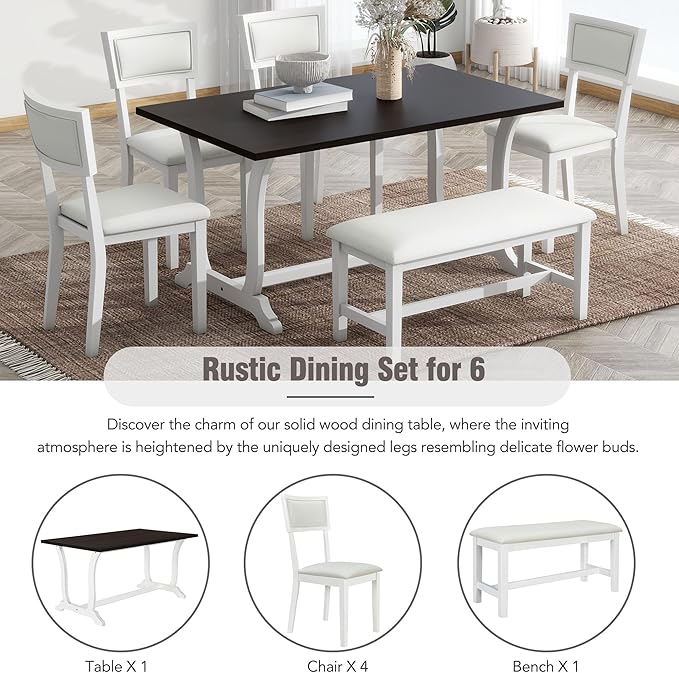 Dining Table Set for 6, Farmhouse 6-Piece Trestle Dining Room Table Set with Upholstered Dining Chairs and Bench, Kitchen Table Set for Dining Room, White - LeafyLoom