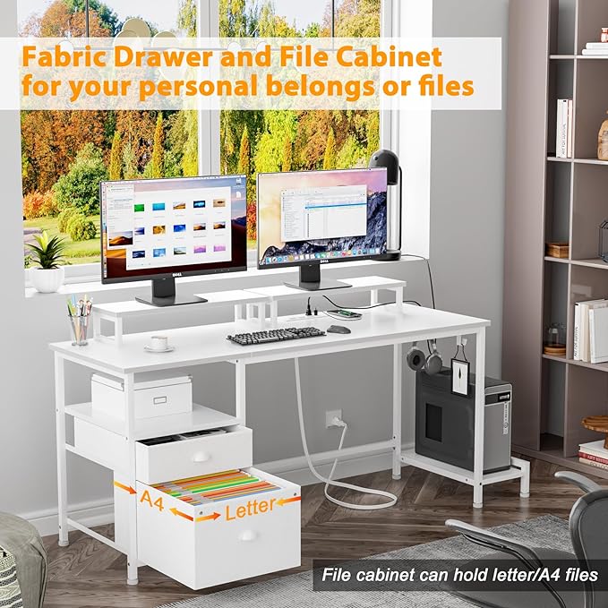 Furologee White Computer Desk with Drawer and Power Outlets, 55" Large Gaming Desk with Fabric File Cabinet and 2 Movable Monitor Shelves, Writing Table with CPU Stand and 2 Hooks for Home Office - LeafyLoom